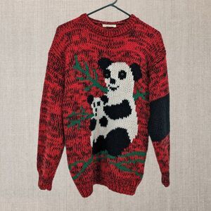 Vintage 1990s Hand Knit Panda Sweater Red Chunky Mock Neck Art to Wear Small